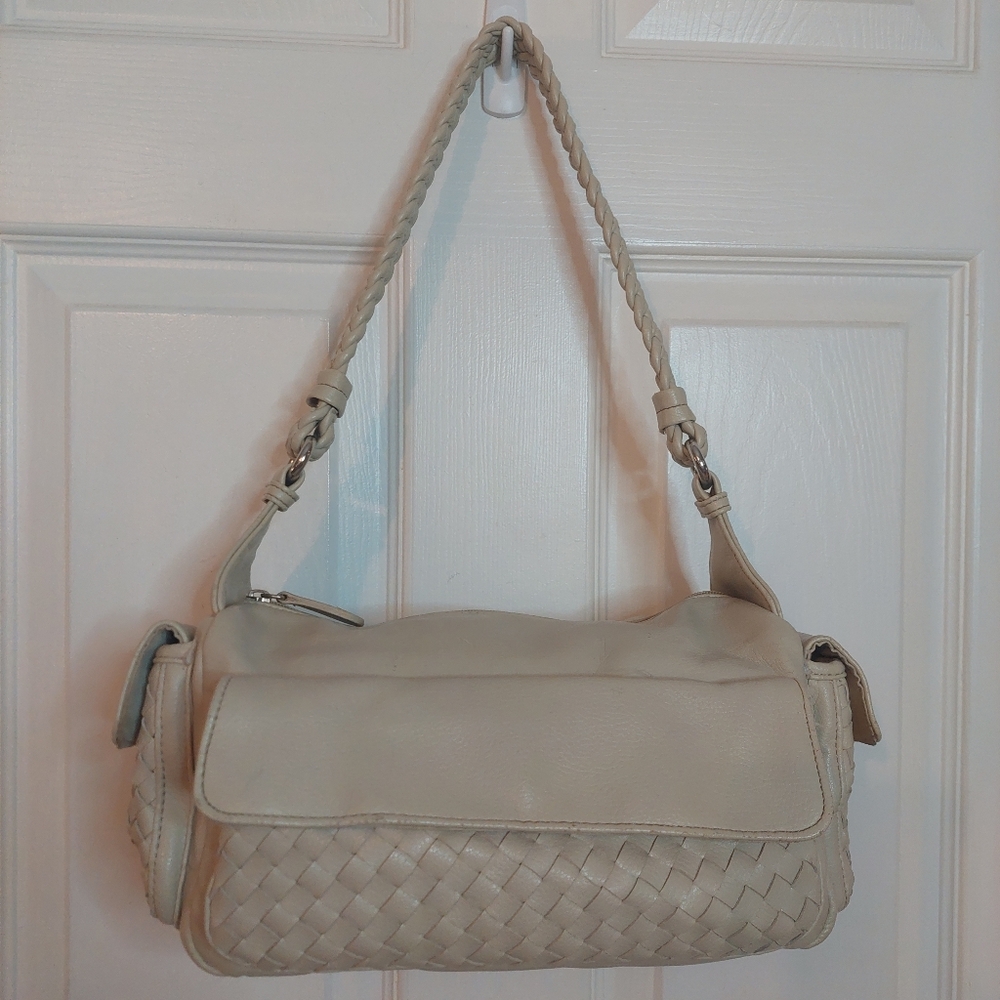 Cream Faux Leather Woven Baguette Shoulder Bag Y2K Minimalist Preppy Handbag